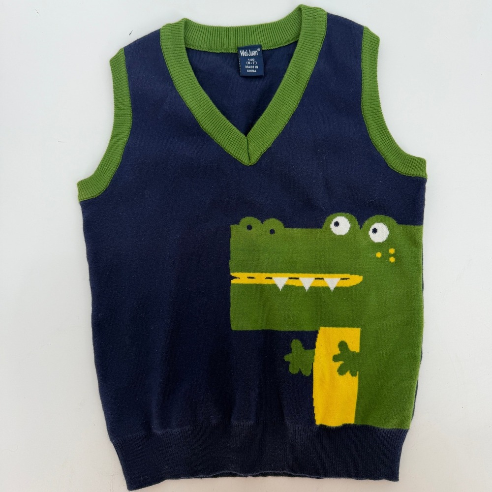 Wei Juan Kids Navy Blue Green Crocodile Knit Sweater Vest V-Neck Size 6-7 140